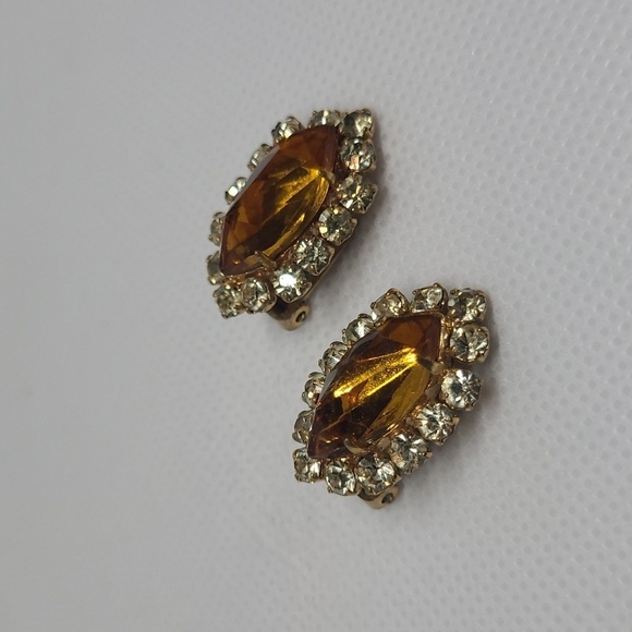 VINTAGE Elegant Gold Tone 80's Amber & Crystal Color Clip-on Earrings - Picture 5 of 14